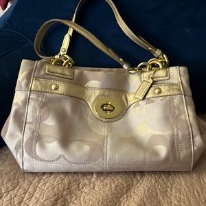 Cream and leather metallic Coach shoulder bag.